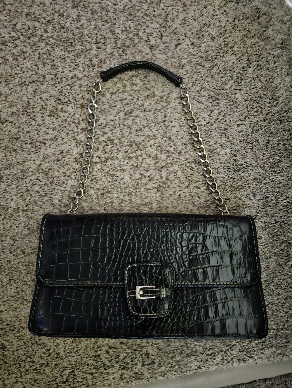 Liz Claiborne Black Croc-Embossed Chain Shoulder Bag